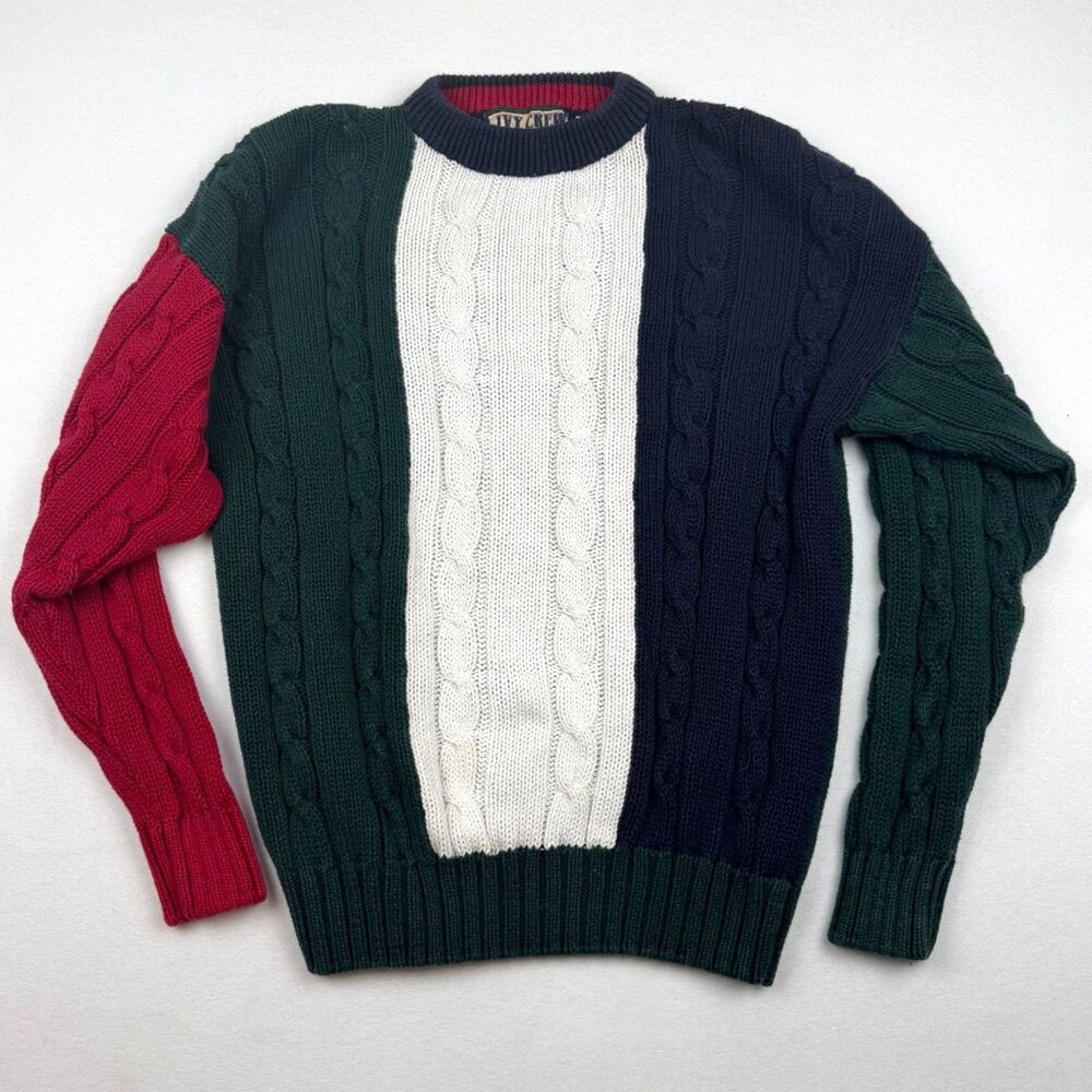 Vtg Ivy Crew Color Block Cable Knit Sweater Mens L 90s Streetwear Coogi Style